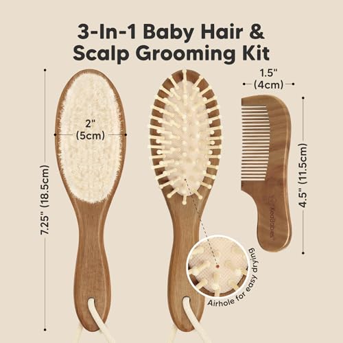 Image of Wooden Baby Hair Brush Set for Newborns, Toddler Comb (Dark Walnut, Regular) | Soft Goat Bristle, Baby Brush and Comb Set, Infant Grooming Kit, Cradle Cap Care, Durable & Gentle, Boy, Girl Bath Essential