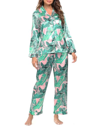 Image of SWOMOG Long Sleeve Pajamas Set Silk Satin Sleepwear Button Down Pjs Loungewear with Pocket