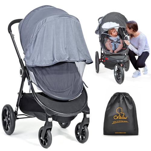 Orzbow Universal Insektenschut mit Sonnensegel 2 in 1 für Kinderwagen & Buggy,Reißfest Fliegennetz & Sonnenschutz mit UV Schutz 50+,Feinmaschig Moskitonetz für Reisebett & Babyschale mit Tasche(Grau)