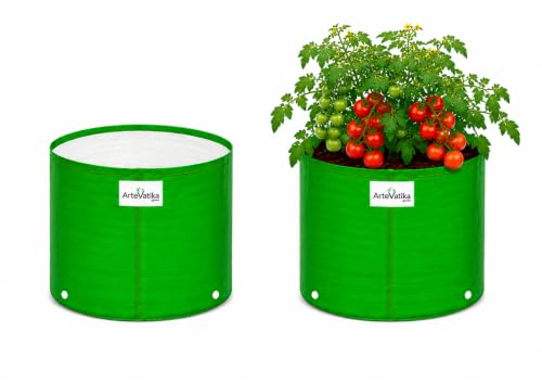 Image of Grow Bags for Terrace Gardening, Premium HDPE Green-Orange Large Planters for Fruit Trees, Vegetables, Flowers & Home Garden Pack of 2(12x12)