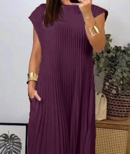 Image of SEMATOMALA Women's Pleated Short Sleeve Maxi Dress Crewneck Loose Fit Flowy Swing Long Dress with Pockets