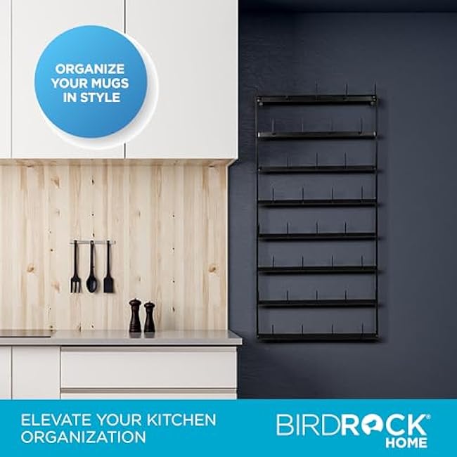 BIRDROCK HOME 36 Peg Coffee Mug Organizer Wall - 8 Tier Wall Mounted Coffee Mug Holder - Tea Cup Display Shelf Wall Mounted - Heavy Duty Decorative Kitchen Bar Organizer Flat Metal Steel Rack - Black