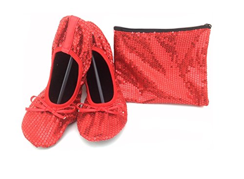 Shoes8teen Women's Foldable Sequins Ballet Flat Shoes w/Matching Carrying Case (11, Red Sequin SH18)