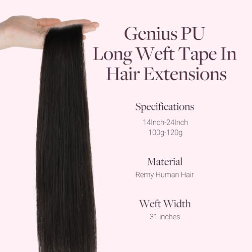 Image of GOO GOO Tape In Weft Hair Extensions Human Hair, Genius PU Long Weft Tape In Hair Extensions Real Human Hair, Silky Easy to Use, 1B Natural black 16 inch 100g