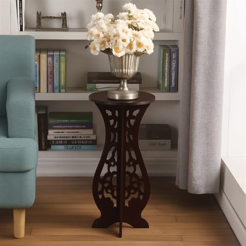 Image of Device Bas With Brown Art Shoppee Round End Tables Living Room,Narrow Night Stands Round Side Table,Antique Carved Coffee Table,Pedestal Plant Stand For Balcony(White)(Brown)-Engineered Wood