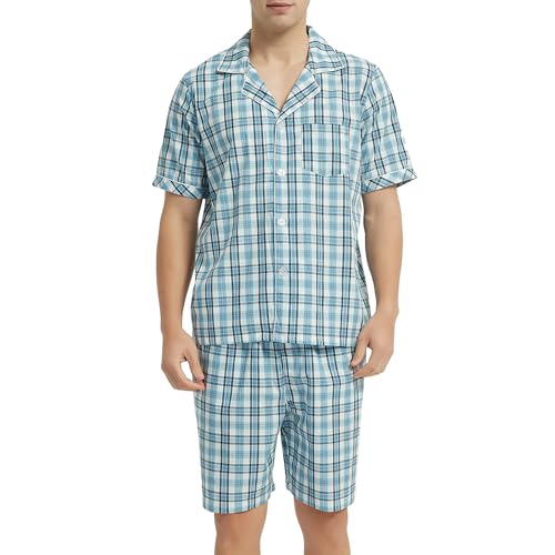 Image of Vulcanodon Mens Cotton Pajama Set Short Sleeve, Button Down Pajama Set for Men Lightweight Men's Sleepwear