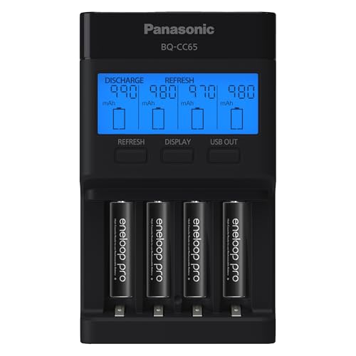 Panasonic K-KJ65K3A4BA Super Advanced 4-Position Quick Charger with LCD Indicator Panel, USB Charging Port and 4AAA eneloop pro Rechargeable Batteries, Black