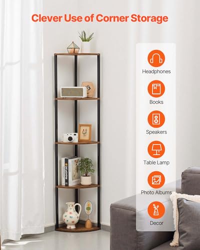 Image of VEVOR 5 Tier Corner Shelf with LED Light, 64 inch Tall Corner Bookshelf with Storage Shelves for Collectibles, Display Shelf with Multi-Color Lights Controlled Via RC /APP for Bedroom, Living Room, Office