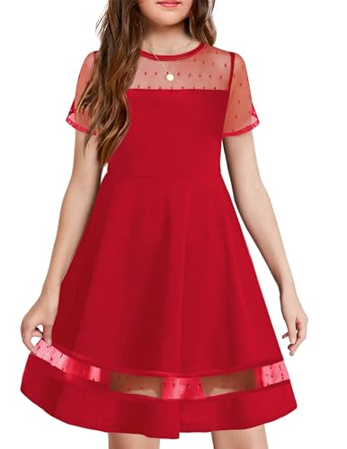Arshiner Robes Filles d'été Festive Enfant A-Line Élégante Mesh Robe Casual Mode Robe de Fête Col Rond Manches Courtes Robe pour Fille 11-12 Ans Rouge foncé