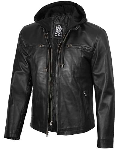 Image of fjackets Men Hooded Leather Jacket - Real Lambskin Men's Leather Jackets with Detachable Hood Outerwear