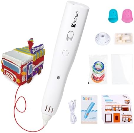 Kretrum Low Temperature 3D Printing Pen Kit with Cute Shape Wireless 3D Pen, 17 Color 1.75mm PCL Filament, Car Stencil and Fun Small Car Toy Base Crayon 3D Stylo 3D (White)