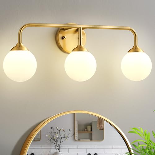 Image of Bathroom Light Fixtures - 3 Light Brushed Brass Vanity Light Over Mirror for Bathroom Mirror Living Room Bedroom, Gold Bathroom Wall Sconce with Frosted Glass Shade, 3 G9 Bulbs Included