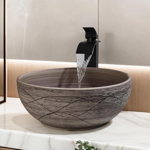 Image of Backline Matte Brown Ceramic Vintage Wash Basin | Small Round Basin | Above Counter Table Top | Bathroom Sink | Designer Art Basin for Bathroom, Vanity & Living Space (35x35x14 cm) (5 Years Warranty)