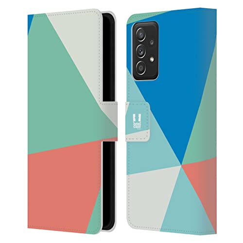 Étui portefeuille Galaxy A52 bleu clair triangles et protection intégrale antichoc en cuir