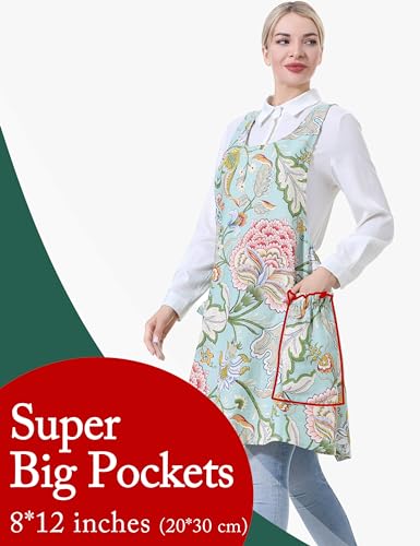 Image of Cozy Adjustable Cross Back Aprons for Women with Pockets Cotton Linen Cooking Kitchen Baking