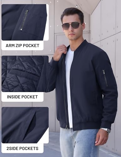 Image of TACVASEN Men's Bomber Jacket Thermal Quilted Winter Coat for Daily Wear | Diamond quilted lining for warmth, windproof and water-resistant, full zip front, 4 utility pockets, stylish and functional.