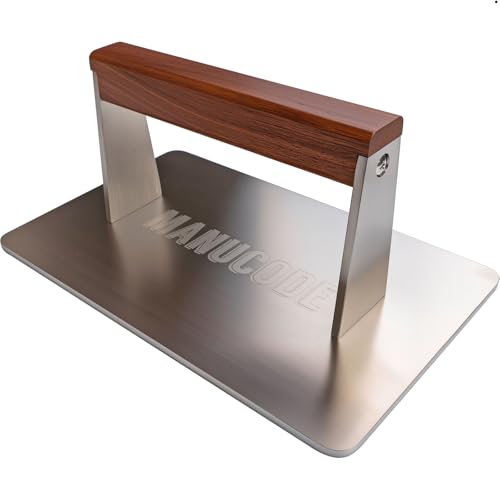 Manucode Burger Smasher, Stainless Steel Steak Press for Griddle, Grill Press with Wood Handle, 23.5cm x 14.5cm, 1.4kg