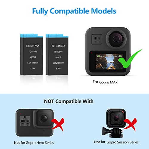 Reytric Upgraded 2-Pack Batteries For Gopro Max 360 Camera With 2-Channel Usb Charger Compatible Gopro Max 360 Acdbd-001, Acbat-001 Battery thumb #1