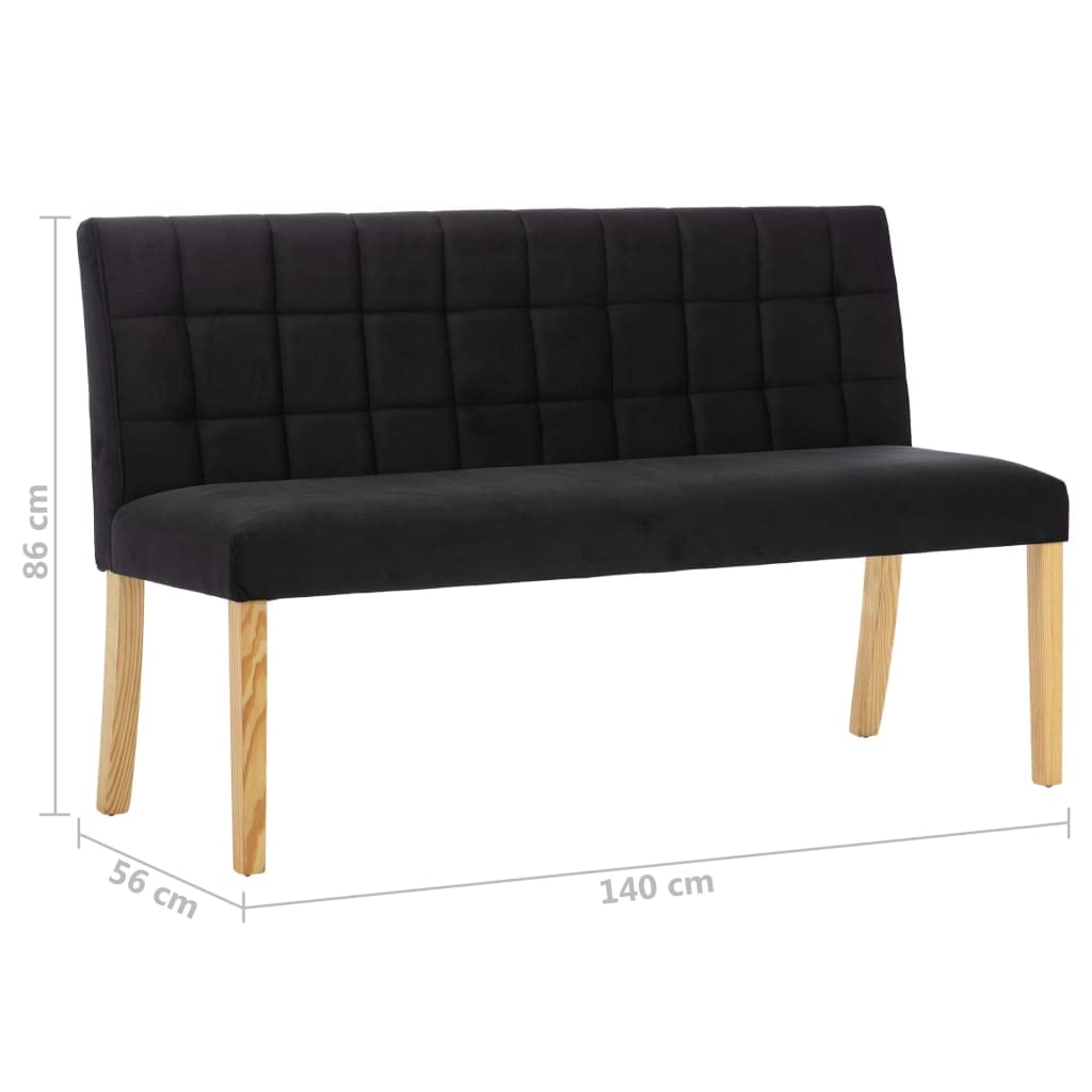 Banco de terciopelo negro con patas de madera y respaldo de 140 cm en elegante diseño acolchado para pasillo y salón