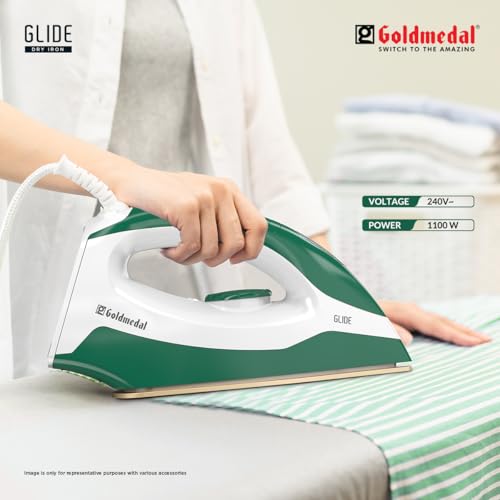Image of Goldmedal Glide 1100W Dry Iron | Non-stick Weilburger Premium Double Coated Soleplate | 5 Fabric Setting |1.8 Meter Cord | 360 Swivel Cord | 2.5 Years Warranty | Light Weight (Peacock Green)