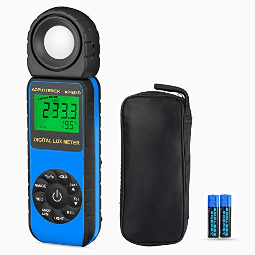 Light Meter AP-881D Digital Illuminance Meter Ambient Temperature Measurer with Range up to 400,000 Lux Luxmeter,Rotatable Head for 270 Degrees,Display 3999,Data Hold,Back Light (Blue)