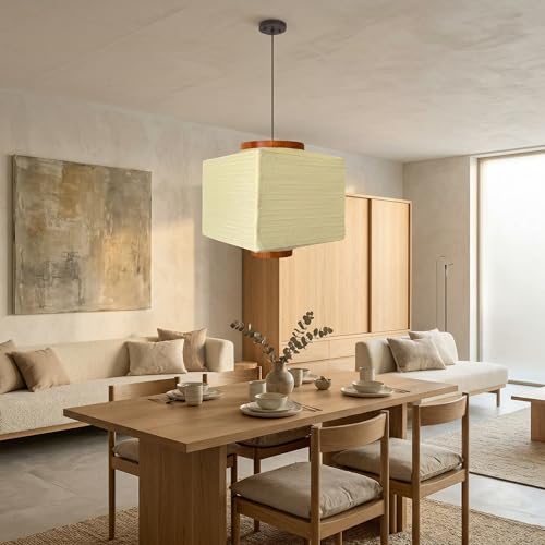 Image of Nogy Paper Lantern Lamp Japanese Style Pendant Light - Off White Rice Hanging Paper Lamp Shade with Cord (11.5 Hardwired Square (Ceiling))
