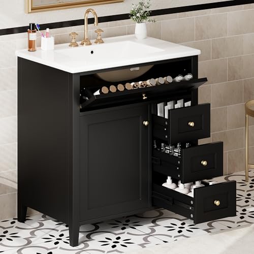 Image of 30 inch Bathroom Vanities with Top Set, Cabinet with Right-Side Multi-Functional Tip-Out Drawer and Adjustable Shelf, Soft-Closing Door, Solid Wood Legs, Black