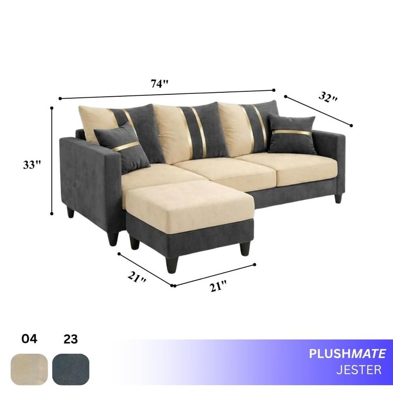 Image of Jester 4 Seater L Shape Sofa Set with Movable Ottoman | Flexible Left or Right Layout | Luxury Velvet Suede Fabric | Modern Living Room Sofa | Dark Grey-Cream