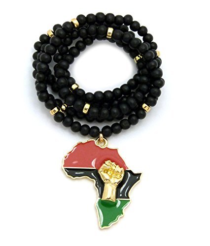 Fist Power in Pan African Colored Africa Map Pendant 6mm 30 inches Wooden Bead Necklace