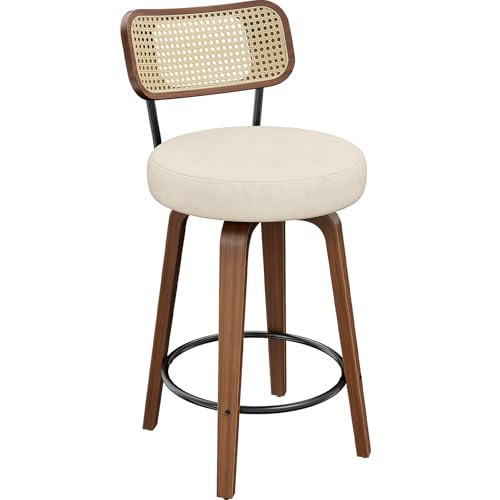 Image of YaFiti Swivel Bar Stools, 26''H Upholstered Barstools with Rattan Backs and Wood Legs, PU Leather Counter Height Bar Chairs for Kitchen Island, Cream White