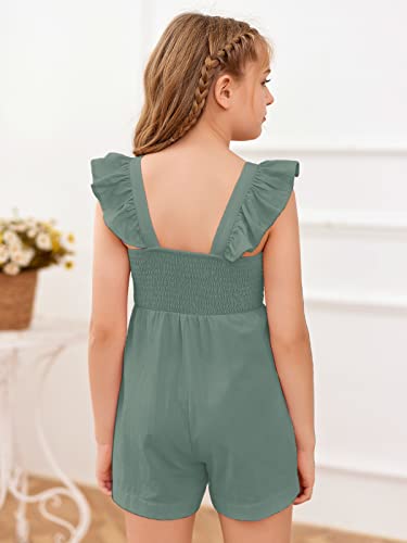 Gamisote Girls' Sleeveless Jumpsuit Ruffle Wide Leg Shorts Smocked One Piece Rompers Green #TOP1