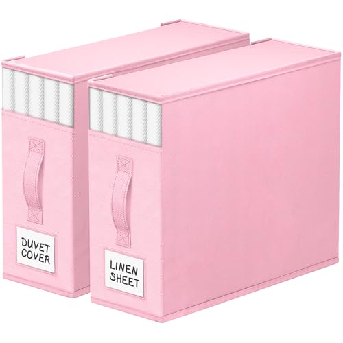 Image of StorageTastic 2 Pack Bed Sheet Closet Organizers and Storage,Sturdy Foldable Storage Containers with Window and Label,Storage and Organization for Bedding Sheets,Duvet Covers,Blankets (Pink)