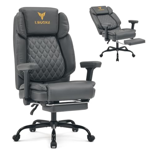 Image of Big Tall Office Chair with Footrest, PU Leather Executive Desk Chair Grey
