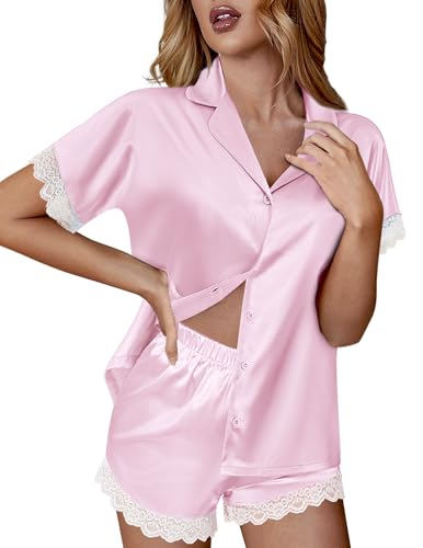Image of Ekouaer Womens Lace Satin Pajama Set Button Down Pj Shorts Set Bridesmaids Getting Ready Outfits Casual Sleepwear XS-XXL