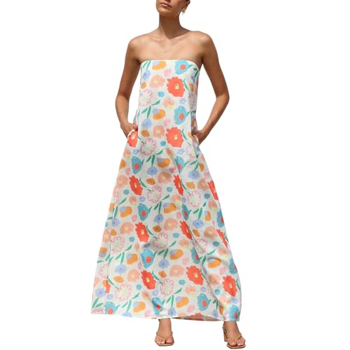 Image of Women Y2k Strapless Maxi Dress Summer Backless Floral Long Tube Dress Off Shoulder Cocktail Party Dress
