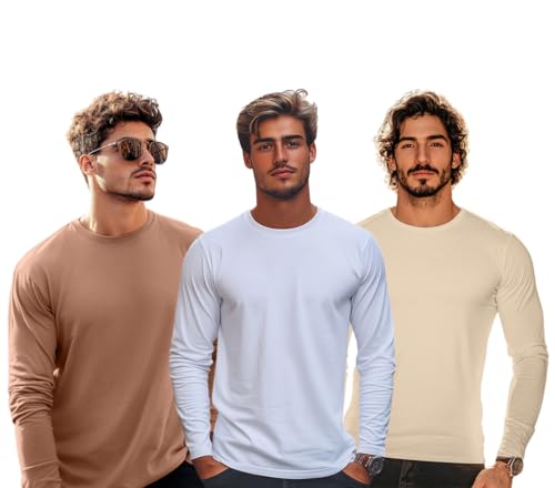 Image of Veirdo Pure Cotton Round Neck Regular Fit Solid Full Sleeve T-Shirt Pack of 3 Combo for Men (Colors: Swanwhite, Green, Navy, Black, Cork, White & Maroon)