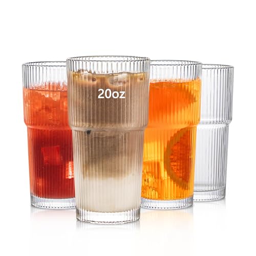INSETLAN Wassergläser Set 4 Stück - 600ml / 20oz Große Geriffelte Gläser für Cocktails, Eiskaffee, Saft & Wasser | Spülmaschinenfestes Premium Glas