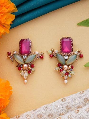 Image of SANJOYA Gold Plated Traditional Embroidered Jewellery for Women & Girls | Stone Studded Wedding, Festive, Mehendi, Sangeet Collection | Necklace, Earrings, Maang Tikka, Bracelet & Ring