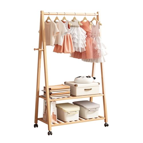 Image of PIKAMAO Kids Clothing Rack Bamboo with Wheels and Storage Shelves, Dress Up Storage, Kids Dress Up Rack for Playroom,Toddlers Bedroom Nursery