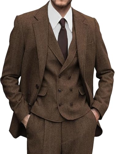 Men's 3 Pieces Suit Retro Slim Fit Suit Wool Tweed Herringbone Business Formal Suit Wedding Party Tuxedos