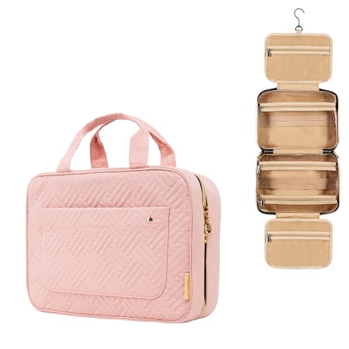 Carrywell (Not Made In China) Toiletry Bag Travel Bag with Hanging Hook, Makeup Organizer Case, Water-Resistant Cosmetic Bag For Full-size Containers, Toiletries, Pink Medium
