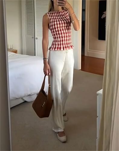Women Shirred Tank Top Summer Smocked Tops Sleeveless Ruffle Hem Graphic Pleated Shirt Y2k Going Out Vacation Tops4