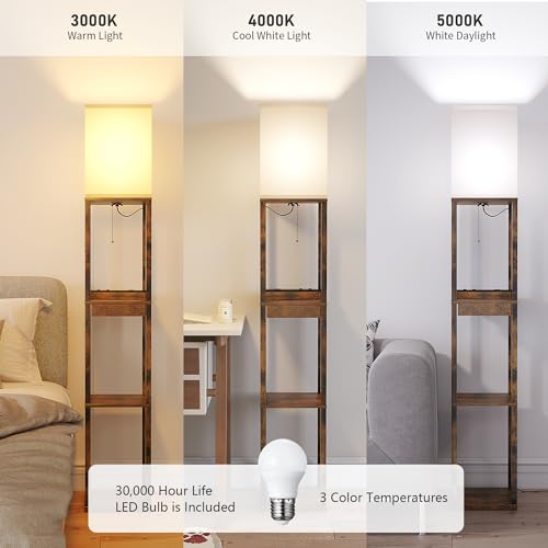 Image of SUNMORY Floor Lamp with Shelves, Modern Dimmable Standing Lamp with Drawer & 2 USB Ports & 2 Power Outlet, Corner Tall Shelf Lamp for Living Room and Bedroom (Rustic Browm)