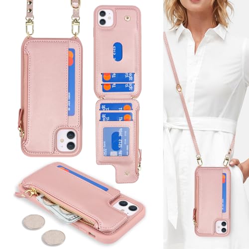 Cavor for iPhone 11 Wallet Case with Card Holder for Women for iPhone 11 Case with Strap Crossbody Lanyard and Wristlet Zipper Pocket Phone Cover-Rose Gold