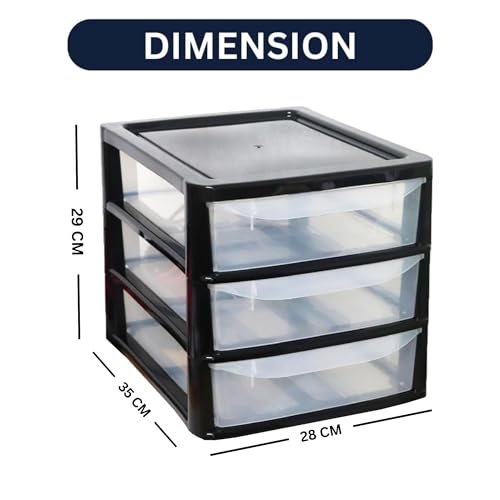 ALEEZ - A4 Slim Drawer Storage Unit - Small Plastic Desktop Tower - Tabletop Drawers for Office & School - Multi-Purpose Clear Drawers - Storage Unit for Small Spaces (Black/Clear, A4 Slim 3 Drawers) - Image 2