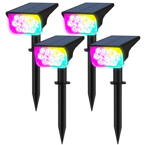 T-SUNUS RGB Solar Landscape Spotlights Christmas Outdoor, IP65 Waterproof Color Spot Light Auto Dusk to Dawn Landscaping Wall Lights for Tree Yard Garden Driveway Porch Walkway Pond Halloween 4 Pack by T-SUNUS - Used condition - US$20.14