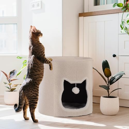 Relaxdays Katzenhöhle mit Kissen, Spielzeug, faltbares Katzenhaus, Katzenversteck, Tierhaus, H x D: 40 x 39 cm, beige