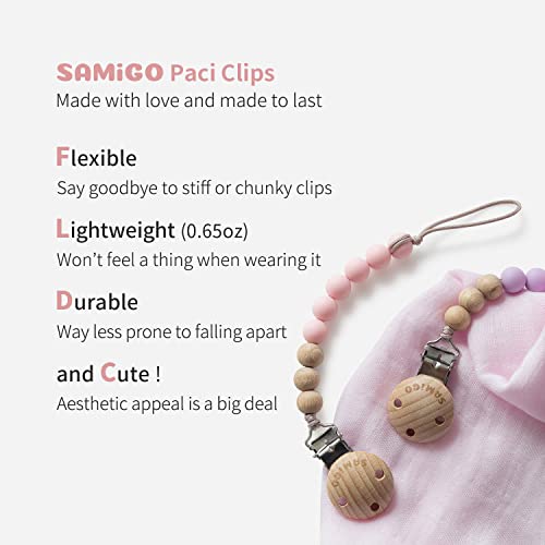 Image of SAMiGO Pacifier Clips for Baby Girls Silicone Paci Holders Binky Clips - 2 Pack