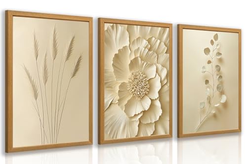 GELDSTEI Neutral Beige Floral Canvas Wall Art, Modern Minimalist Botanical