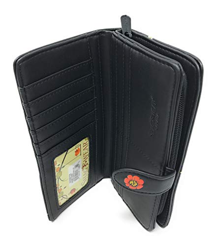 Shag Wear Gnome Forest Large Wallet for Women and Teen Girls Multiple Gnomes Mushrooms Plants Vegan Faux Leather Black 7"4